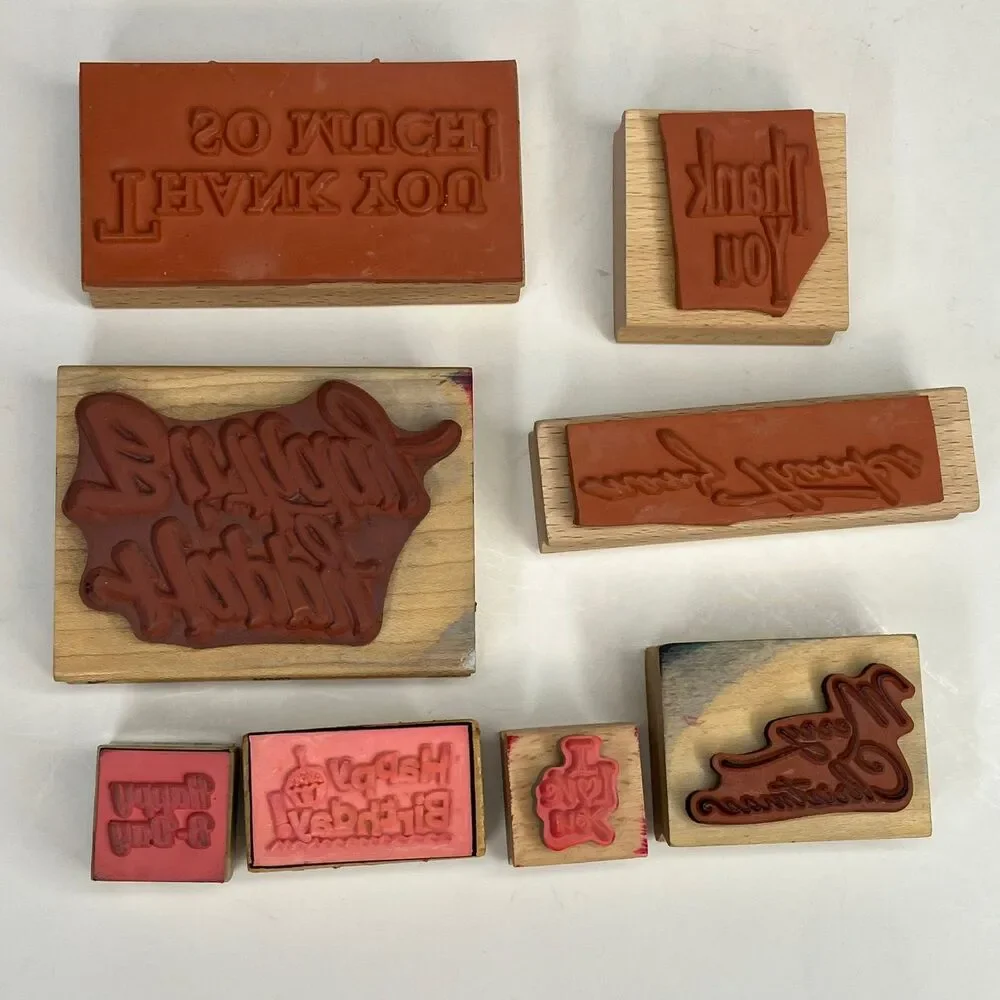 Lot of 8 Assorted Happy Birthday Merry Christmas Thank You Rubber Stamps
